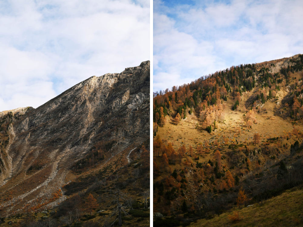 Montagne in autunno illuminate dai raggi del sole, Giro dei Tre Rifugi